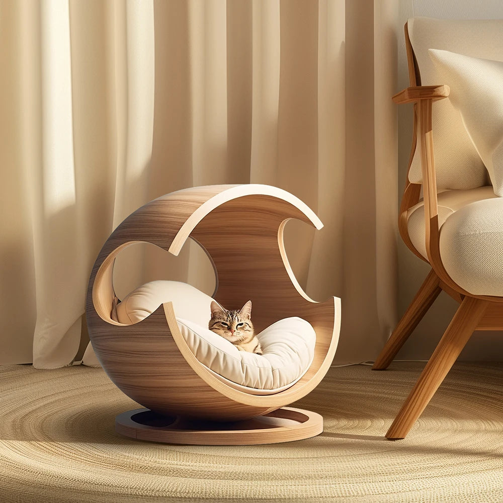 Solid Wood Pet Bed | Semi-Closed, Removable & Washable for Cats & Dogs