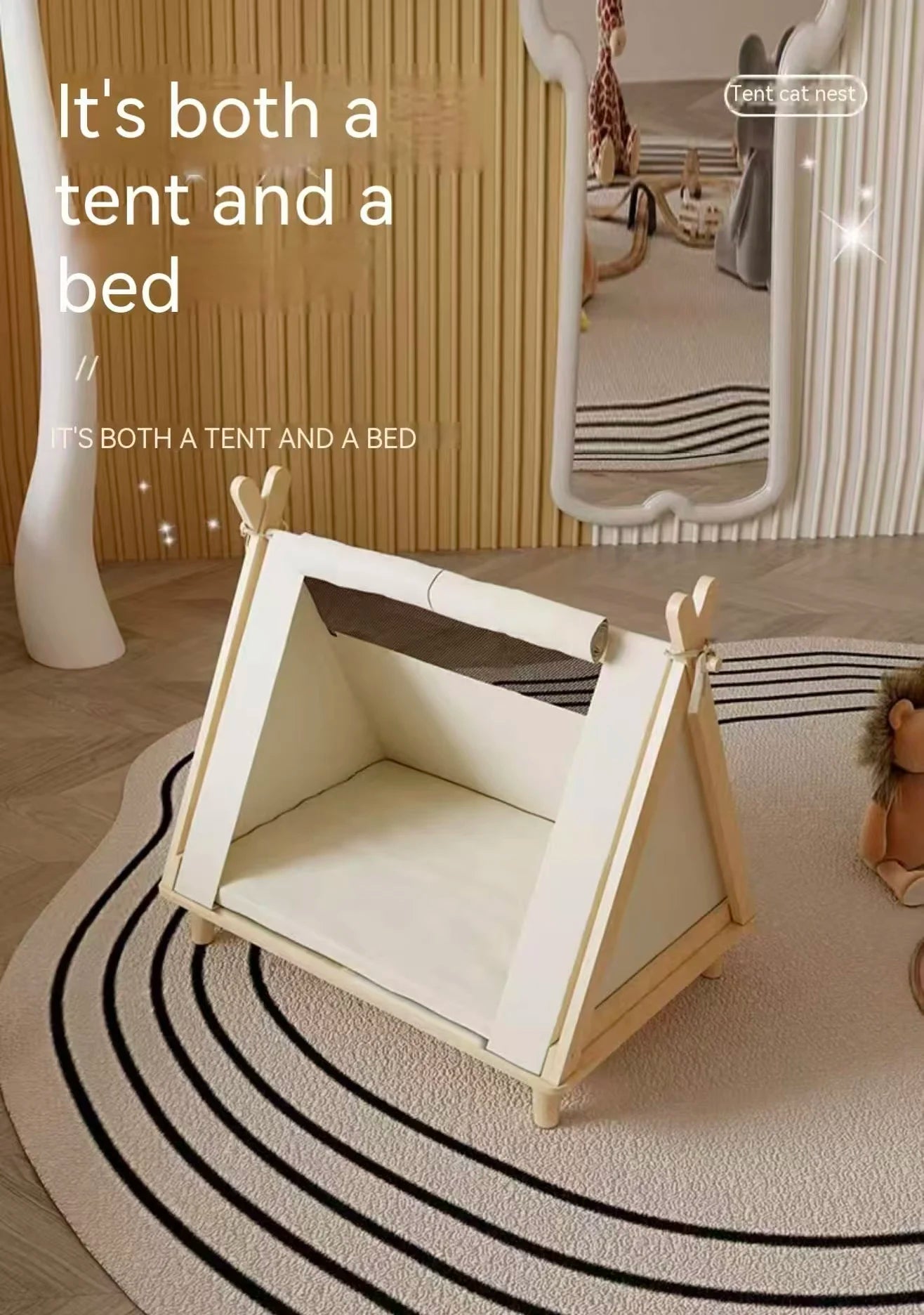 Four-Season Pet Tent | Triangular Wooden Den for Cats &amp; Dogs