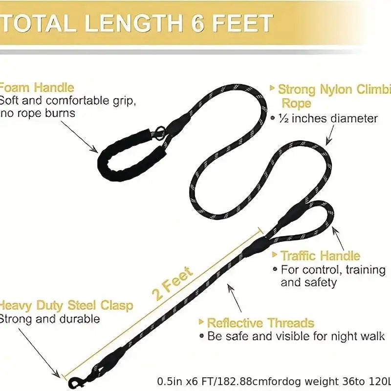 6ft Reflective Dual-Handle Dog Leash | Heavy Duty Traffic Rope Lead for Training &amp; Control
