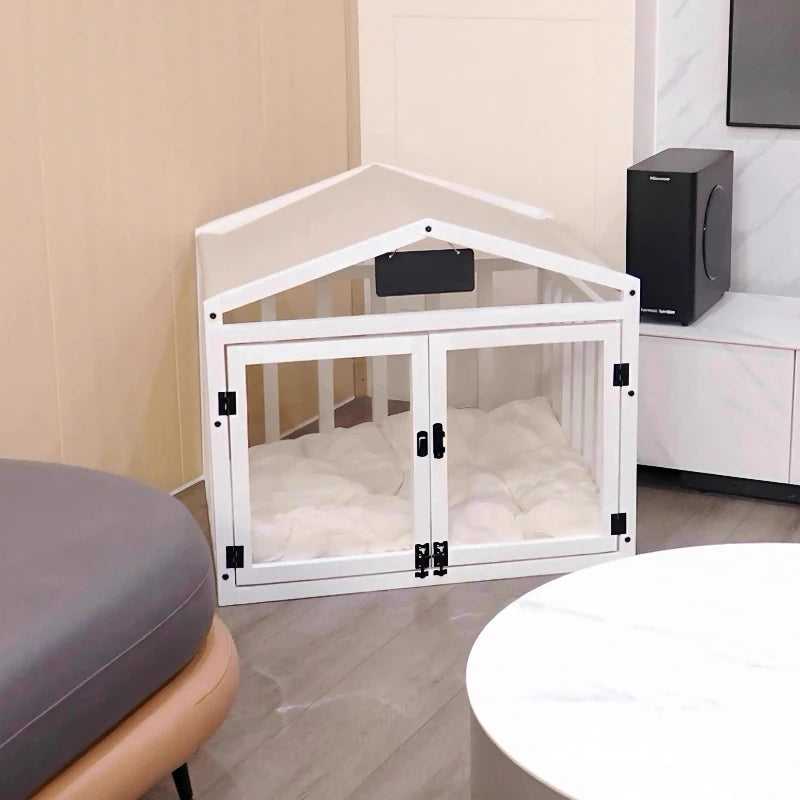 Solid Wood Luxury Dog House | Indoor Pet Cage with Double Door & Washable Bed