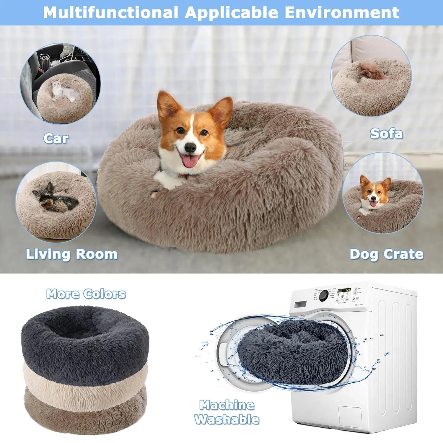 Round Plush Pet Bed – Washable Dog &amp; Cat Sofa Bed