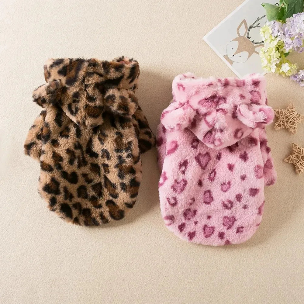 Warm Leopard Fleece Hoodie Jacket for Small Dogs