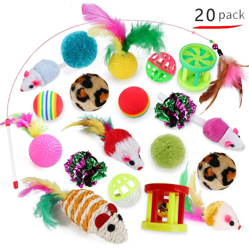 Kitten Toys Variety Pack – Cat Toy Set with Stick, Sisal Mouse & Bell Ball