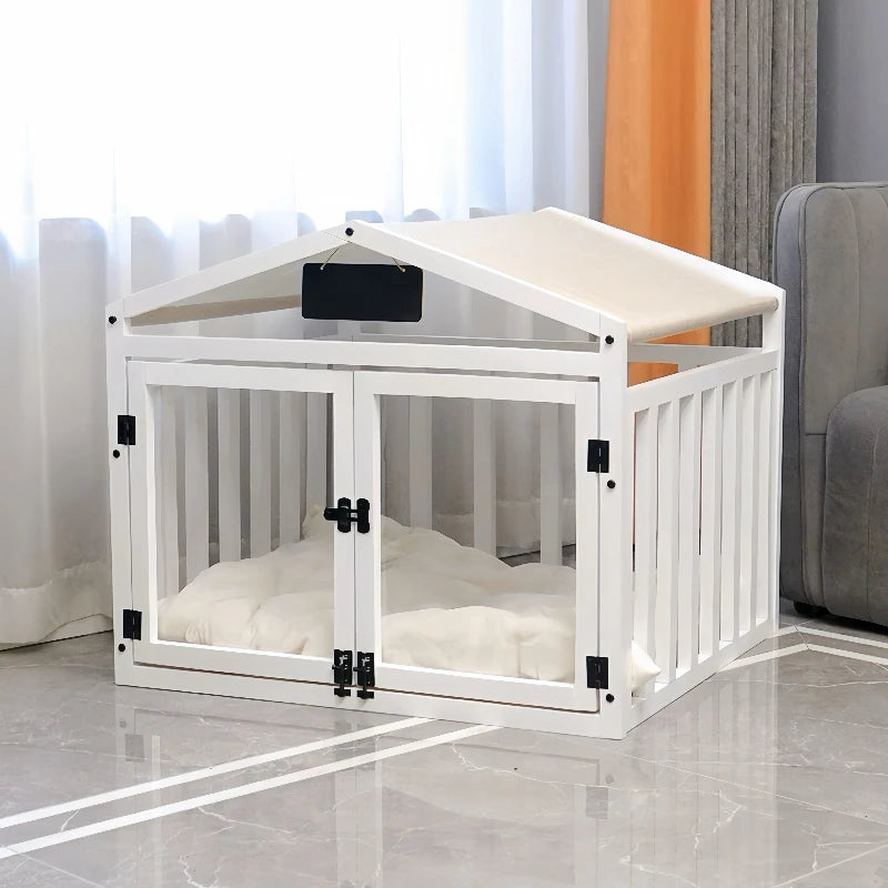 Solid Wood Luxury Dog House | Indoor Pet Cage with Double Door & Washable Bed