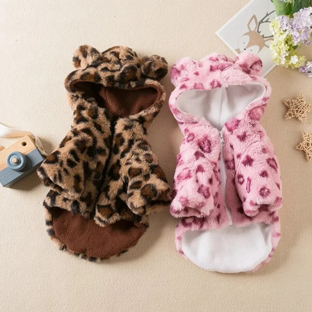 Warm Leopard Fleece Hoodie Jacket for Small Dogs