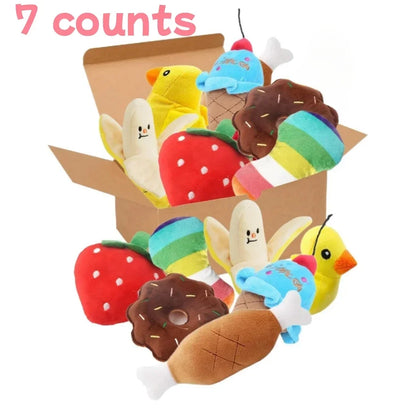 7-Piece Puppy Plush Toy Set – Fruit &amp; Veggie Squeaky Toys
