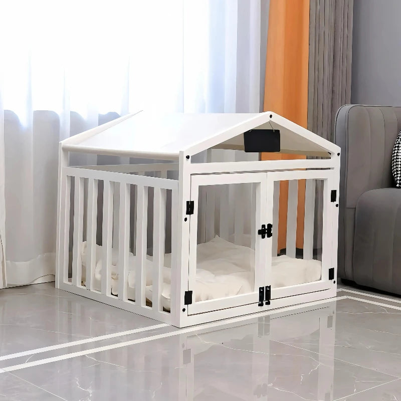 Solid Wood Luxury Dog House | Indoor Pet Cage with Double Door & Washable Bed