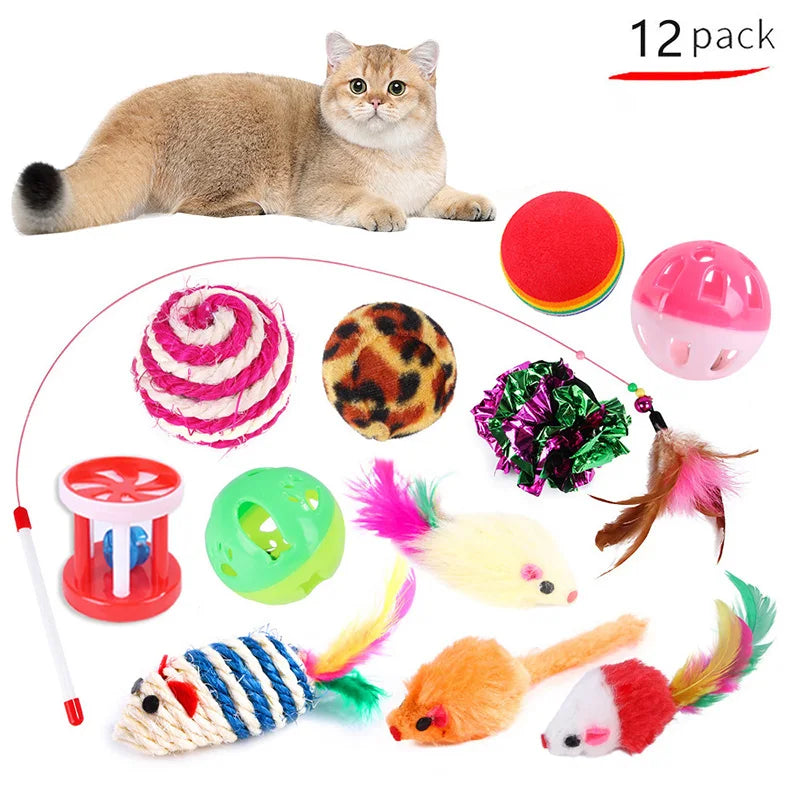 Kitten Toys Variety Pack – Cat Toy Set with Stick, Sisal Mouse & Bell Ball