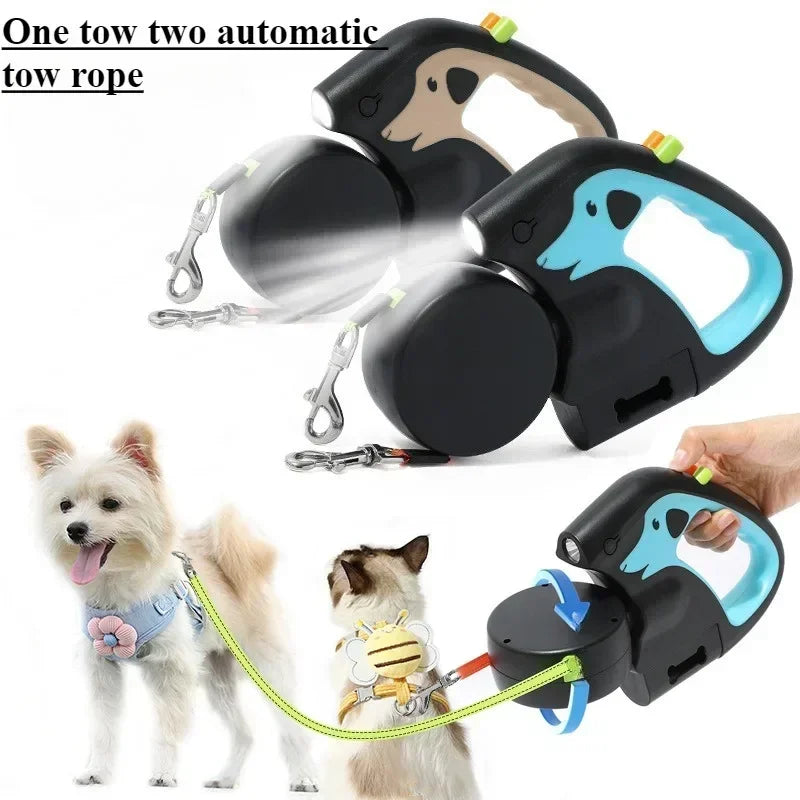 Dual Dog Retractable Leash | Portable Rotating Double-End Walking Lead for 2 Dogs