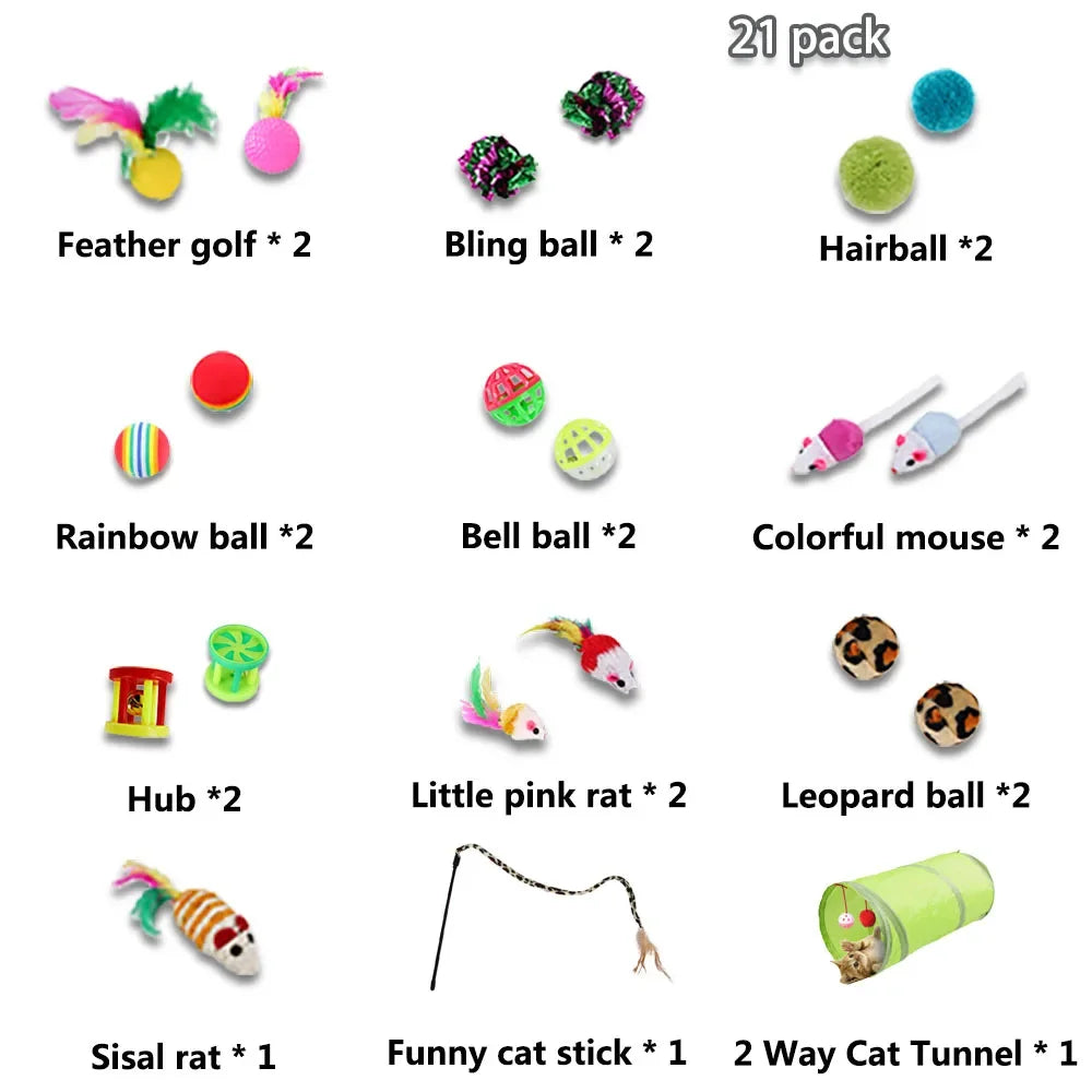 Kitten Toys Variety Pack – Cat Toy Set with Stick, Sisal Mouse & Bell Ball