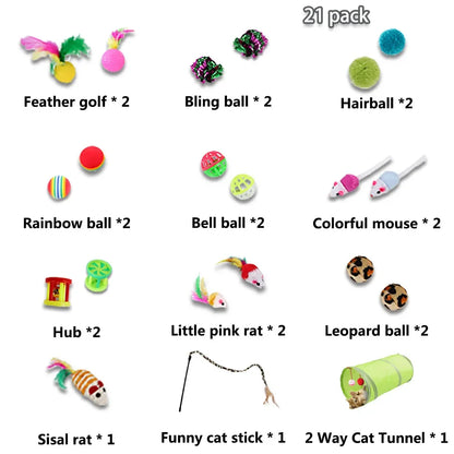 Kitten Toys Variety Pack – Cat Toy Set with Stick, Sisal Mouse &amp; Bell Ball