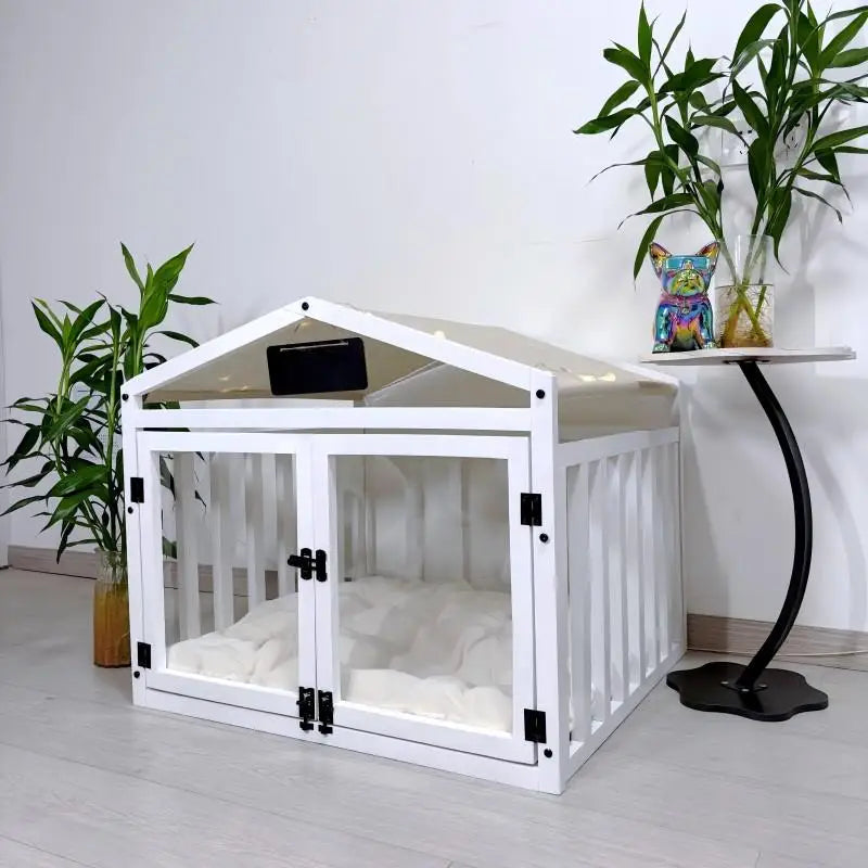 Solid Wood Luxury Dog House | Indoor Pet Cage with Double Door & Washable Bed